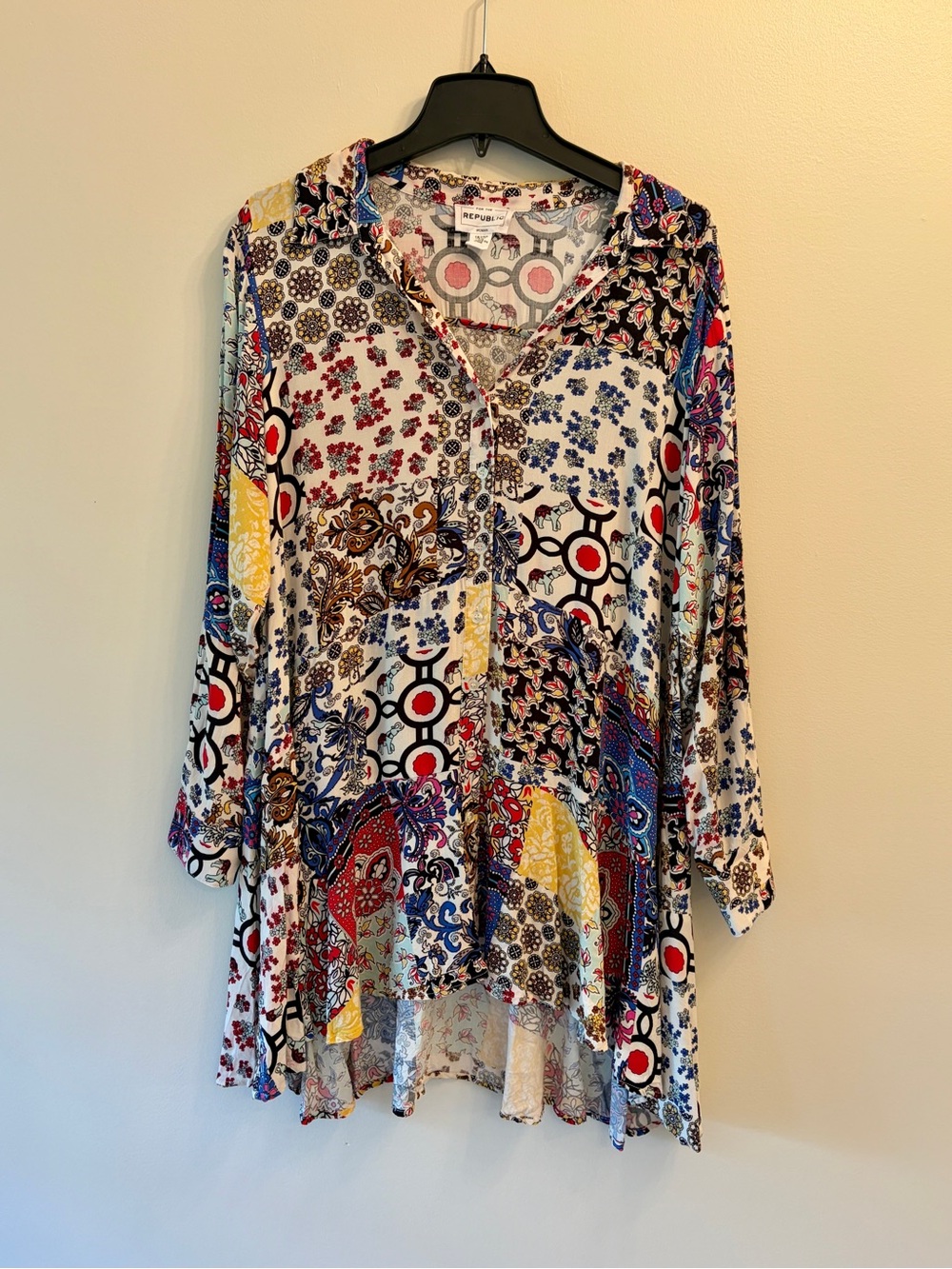 For the Republic | Patchwork V-Neck Tunic Top - Multicolor Boho